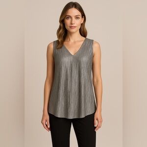 Amana Silver Crinkle Pleated Tunic Blouse Women’s L Metallic Glam Capsule Career